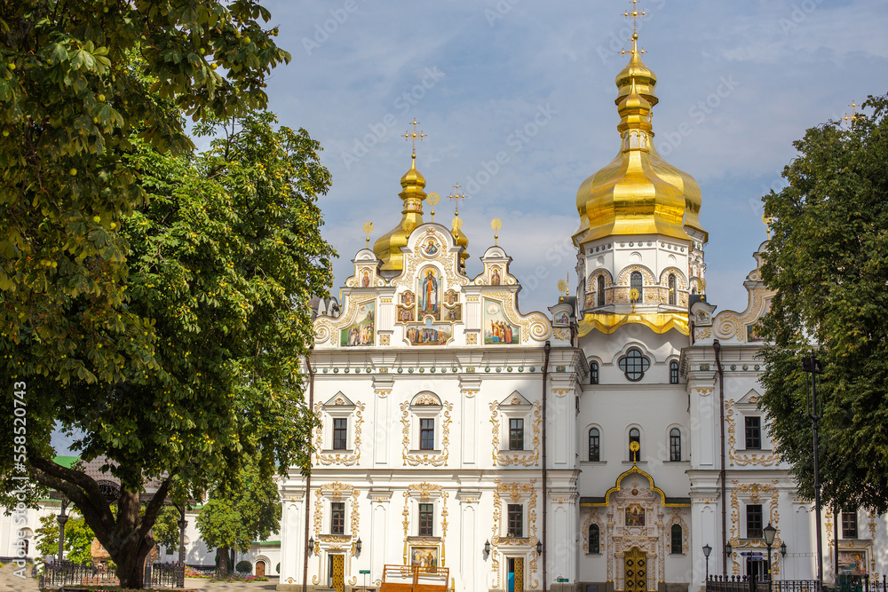Kyiv Pechersk Lavra, Holy Dormition cathedral. Main temple of Kyiv Monastery of Caves, Ukraine. Front view, with old authentic masonry. UNESCO World Heritage Site