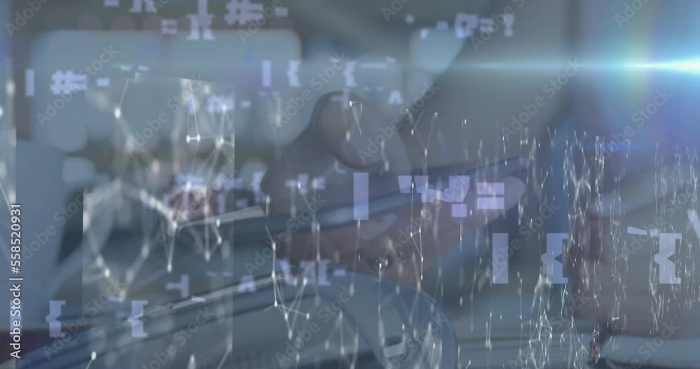 Animation of icons and data processing over woman paying with smartphone Animation of icons and data processing over woman paying with smartphone