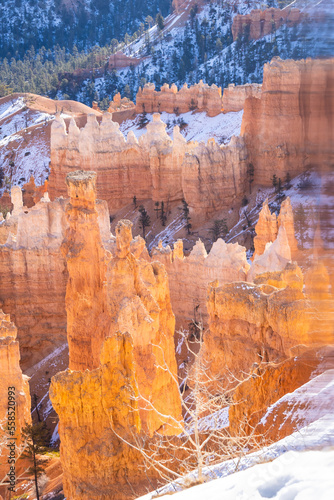 Winter scenery from Bryce Canyon National Park with brilliantly colored orange cliffs and a touch of snow