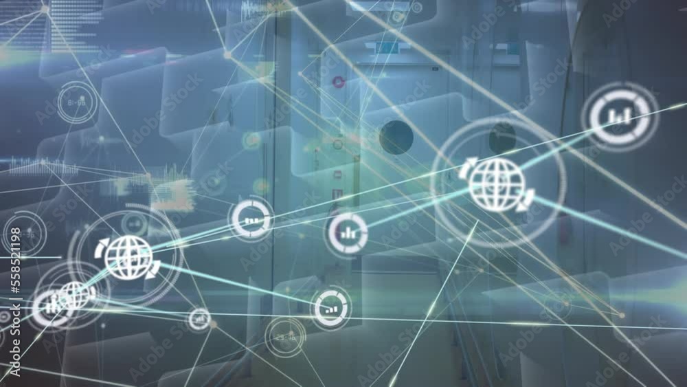Animation of connected icons with lines over abstract pattern against corridor of office Animation of connected icons with lines over abstract pattern against corridor of office