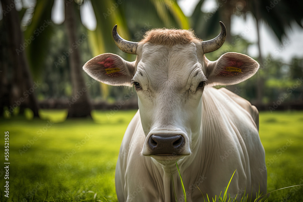Fototapeta premium The likeness of a tropical light A cow from Asia grazes on lush grass. Generative AI
