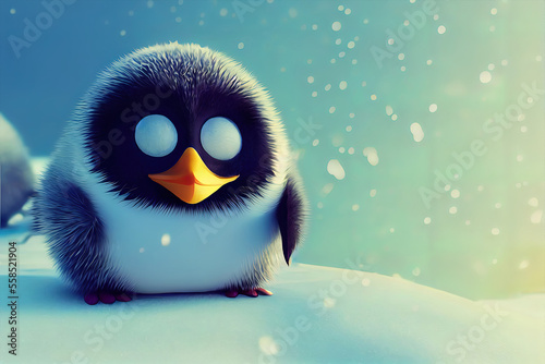 Cute Penguin in the Snow, penguin in winter landscape.
