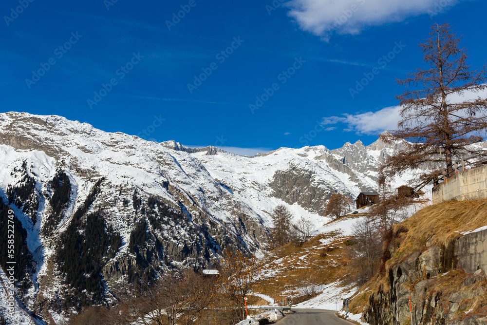 Alpine mountains at Bodmen hamlet in Bellwald municipality, canton of Valais in Switzerland