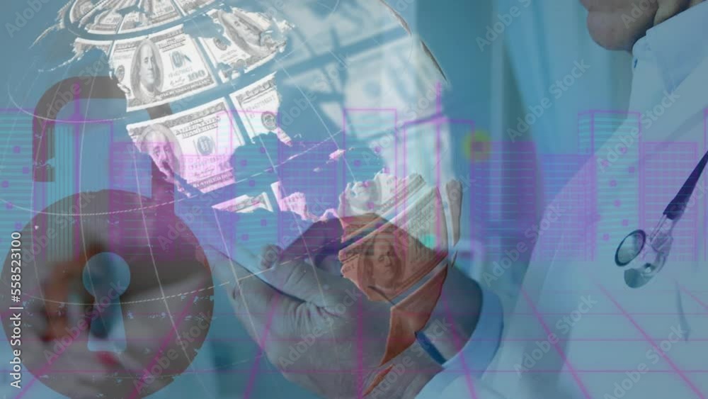 Animation of globe formed with american dollar bills over male doctor using smartphone Animation of globe formed with american dollar bills over male doctor using smartphone