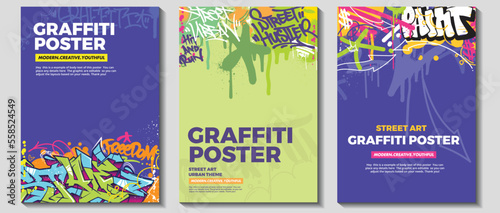 Modern graffiti art poster or flyer design with colorful tags, throw up. Hand-drawn abstract graffiti illustration vector in street art theme