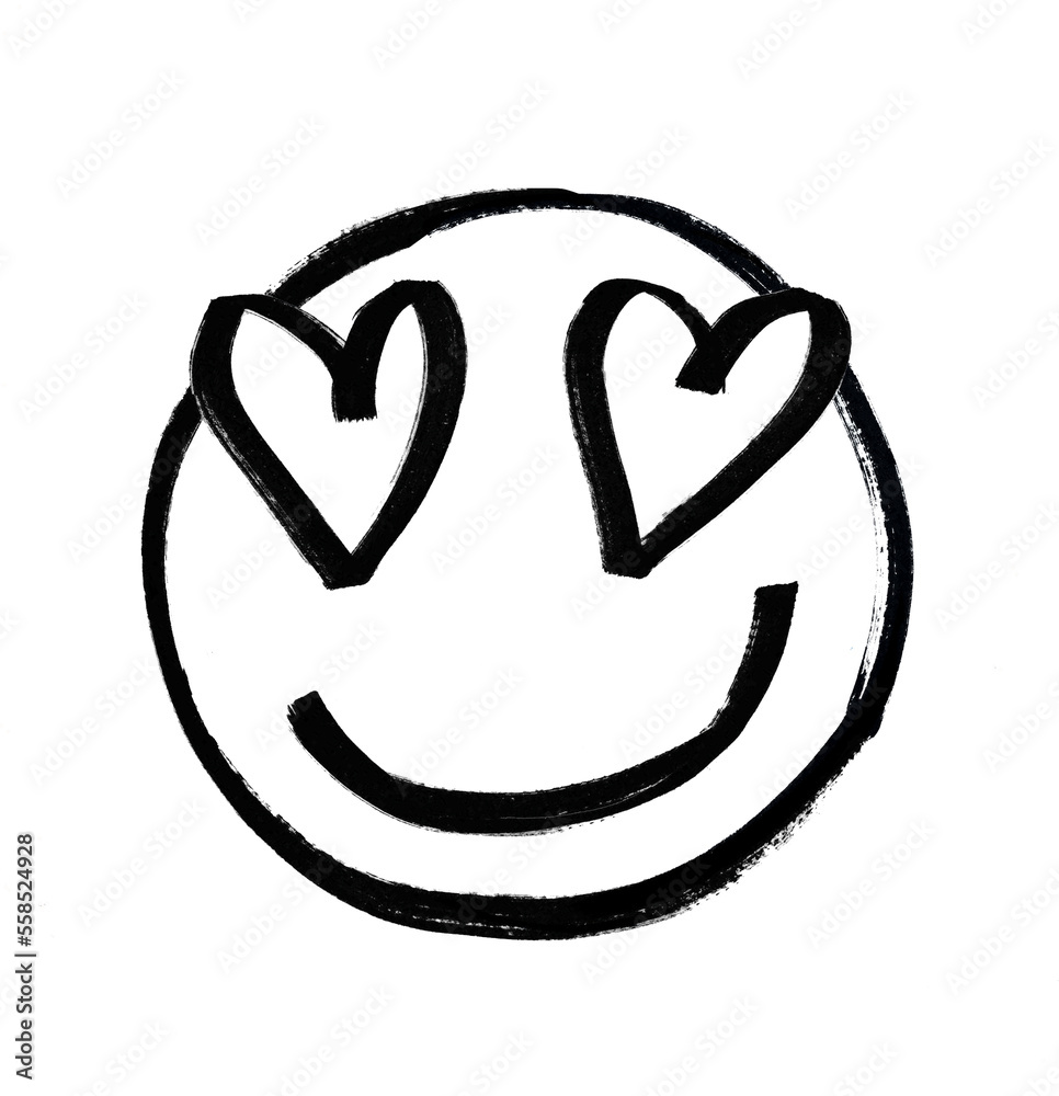 In love emoji. Hand drawn with marker pen, brush. Irregular shape. Design for layouts. Happy face, hearts in eyes, smile. Isolated on white background. Mood, emoticon, passion felling. In love emoji. Hand drawn with marker pen, brush. Irregular shape. Design for layouts. Happy face, hearts in eyes, smile. Isolated on white background. Mood, emoticon, passion felling.