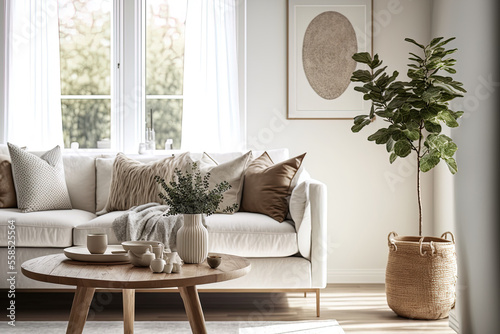 Elegant furnishings and a wooden coffee table can be found in this stylish living room. Lovely beige couch, template. staging a home today. A wall covering. Details, a view, and. Generative AI