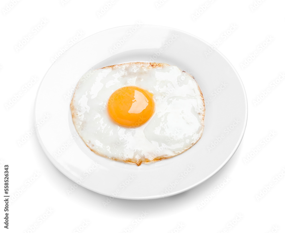 Plate with delicious fried egg isolated on white Plate with delicious fried egg isolated on white