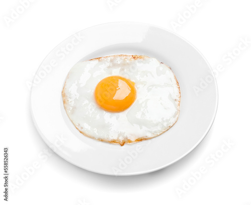 Plate with delicious fried egg isolated on white