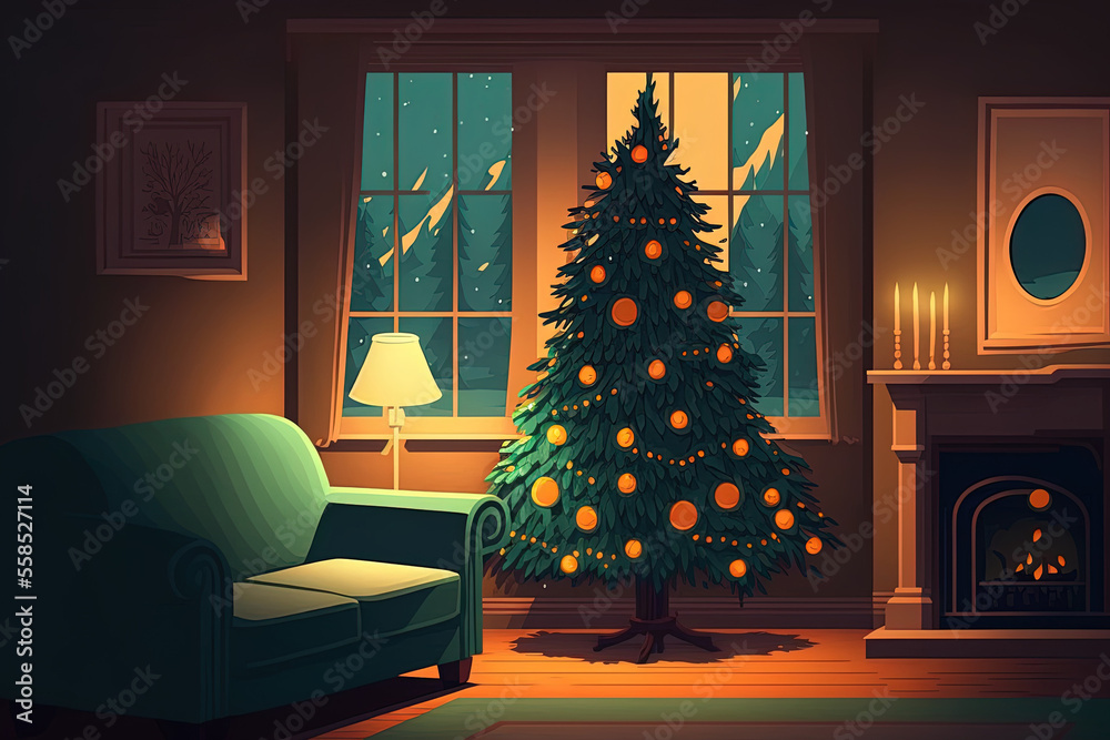 Fototapeta premium Christmas tree in the living room at night. Generative AI