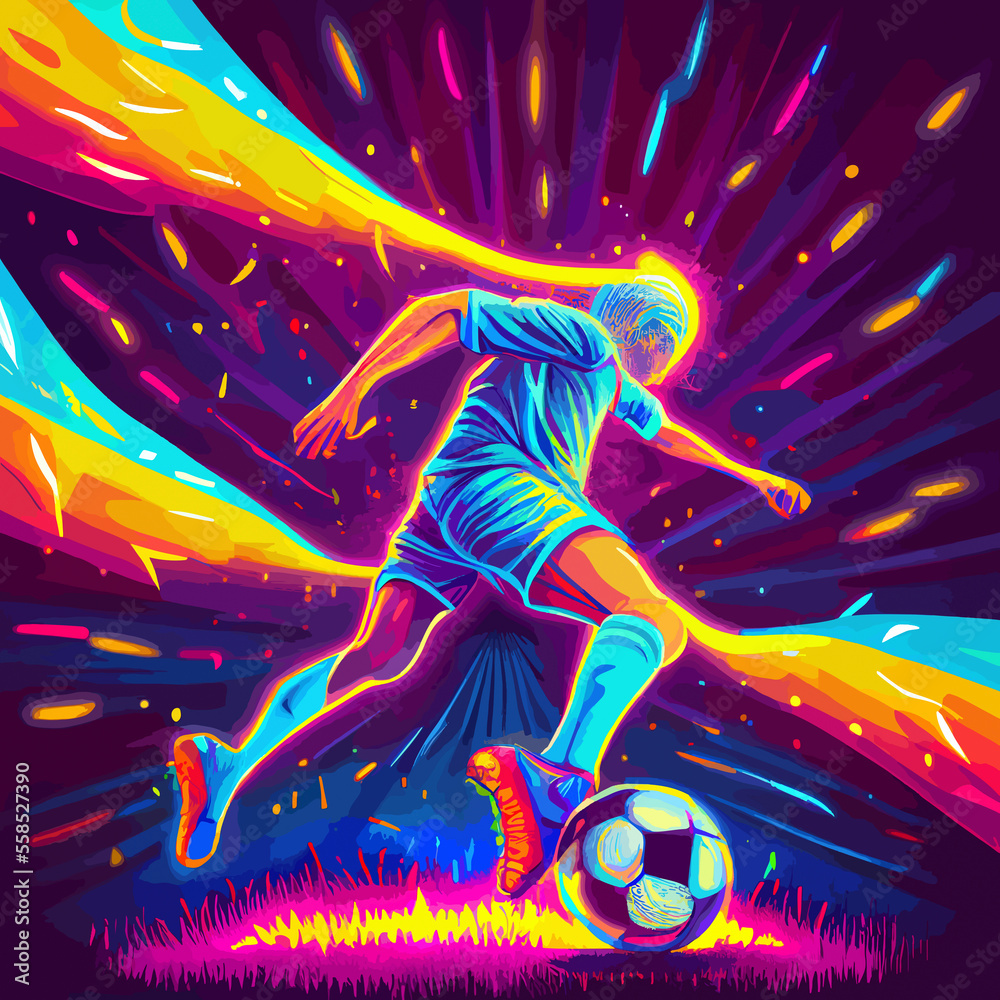 colorful abstract soccer player kicking the ball - obrazy, fototapety, plakaty 