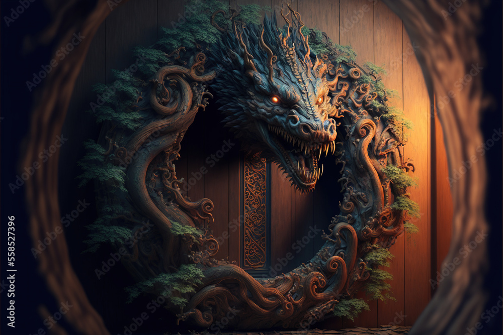 Dragon wooden old door and chinese pattern, wood nature. 3d