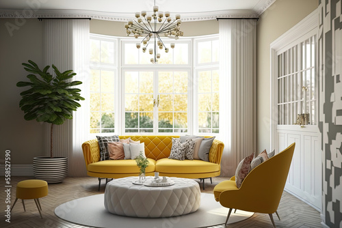 Contemporary living room design with a mustard armchair  imaginative circular coffee tables  and corner beige sofa. expansive windows. Template. Generative AI