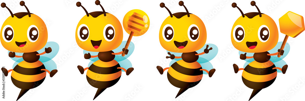 Cartoon cute bee mascot set with different poses, bee open arms excitedly, victory hand signs, holding honey dipper and honey comb sign. Cartoon bee character series illustration Cartoon cute bee mascot set with different poses, bee open arms excitedly, victory hand signs, holding honey dipper and honey comb sign. Cartoon bee character series illustration