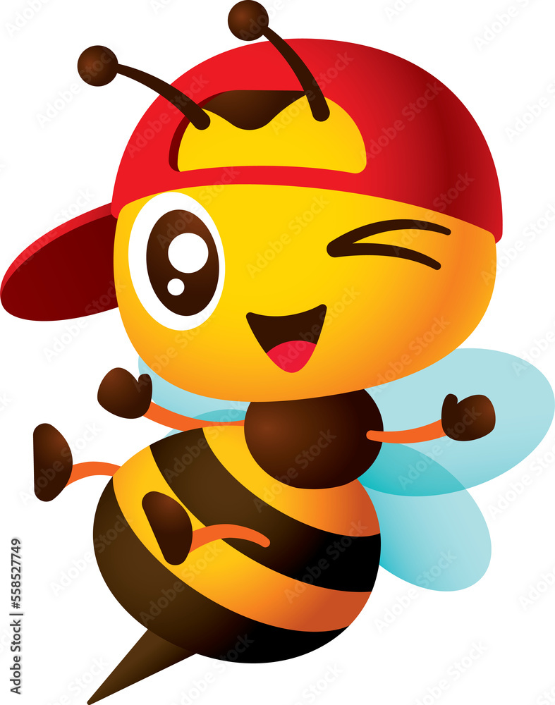 Cartoon cute bee wearing red snapback cap with open hands and legs jumping pose character illustration Cartoon cute bee wearing red snapback cap with open hands and legs jumping pose character illustration