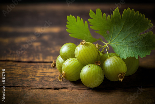 Indian gooseberry fruits, also known as Amla berries, are seen up close and in isolation on a wooden table backdrop with a green leaf. Generative AI