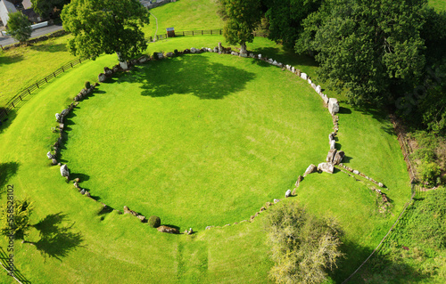 Grange stone circle. Lough Gur, Ireland. Neolithic. Aerial showing earth bank around 45m diameter 113 contiguous stones. Entrance is in N.E. quadrant