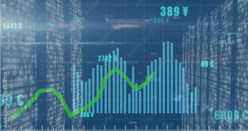Animation of statistical data processing over screens of mosaic squares against blue background Animation of statistical data processing over screens of mosaic squares against blue background