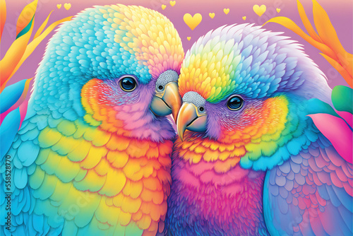 Couple of colorful parakeets, representing love and relationship. Rainbow pastel colors. 