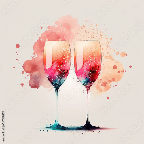 Watercolor pink Champagne wine glasses, card design for Valentine's day or anniversary.
