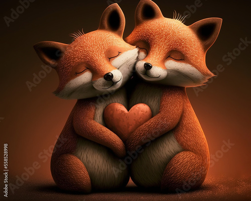 Two foxes hugging and sharing a heart, 3D cartoon. Valentine's day illustration. Generative AI
