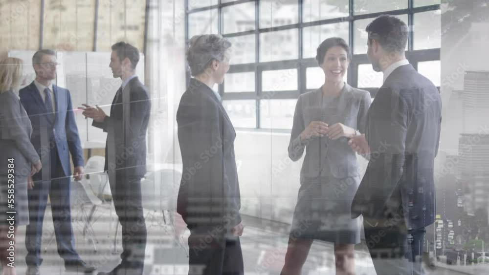 Animation of diverse coworkers having conversation in office on aerial view of cityscape
