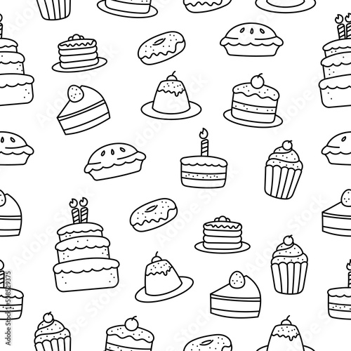 Cake doodle seamless pattern with black and white color. Set of cake doodle illustrations