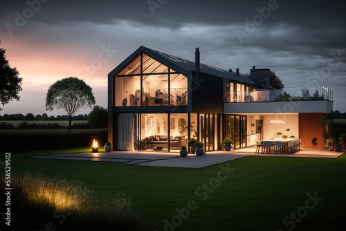 Fotografiet A contemporary home with a lawn and a patio is seen in the evening