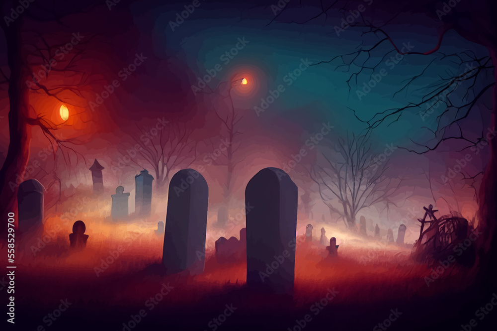 cemetery on halloween night with evil pumpkins, bats and in the background a haunted castle and the full moon. banner