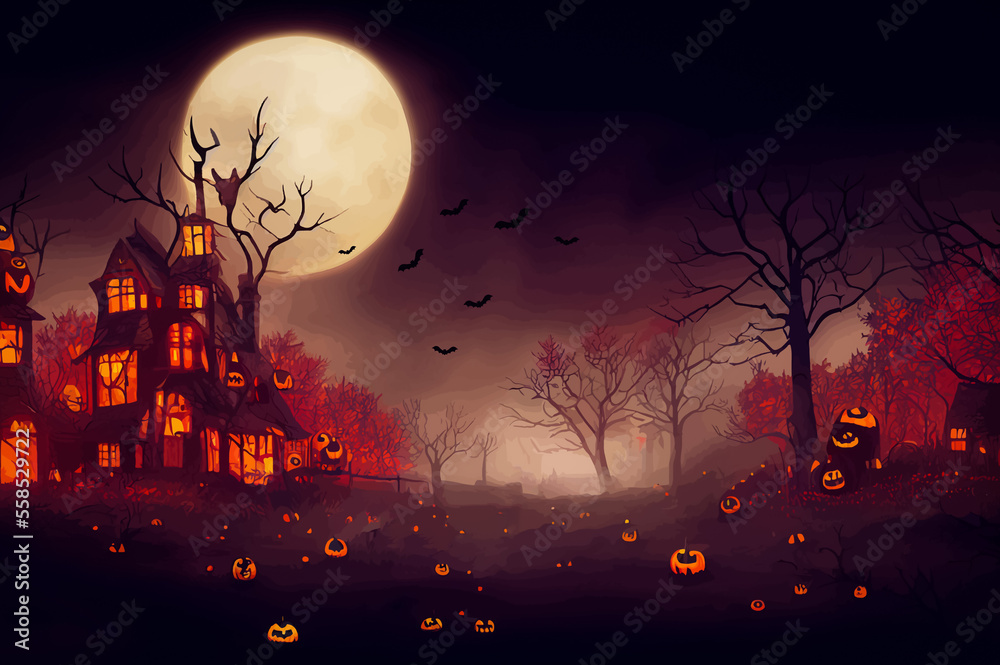 cemetery on halloween night with evil pumpkins, bats and in the background a haunted castle and the full moon. banner