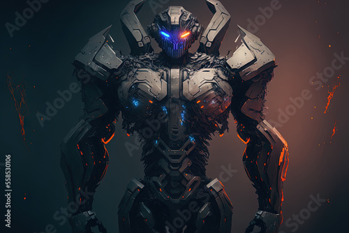 futuristic fantasy mecha robot constructed from the head, arms, legs, and weapons illustration. Generative AI