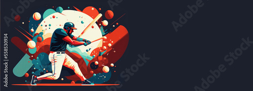 Baseball player hitting the ball, abstract background, copy space, cartoon illustration created with Generative AI Technology