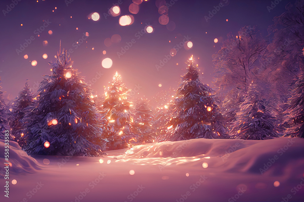 Naklejka premium christmas landscape illustration, beautiful winter scenery with christmas trees and snow