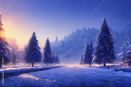 beautiful winter landscape with snow and pine trees, landscape illustration with christmas theme © Fernando