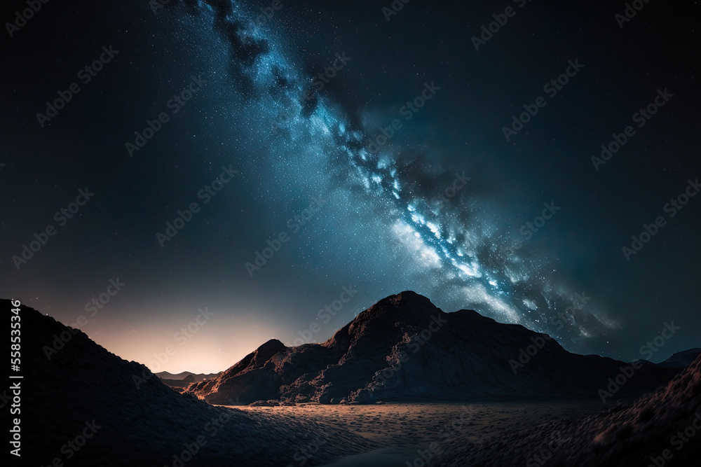 Stunning image of hills in shadow against a starry night sky. Generative AI