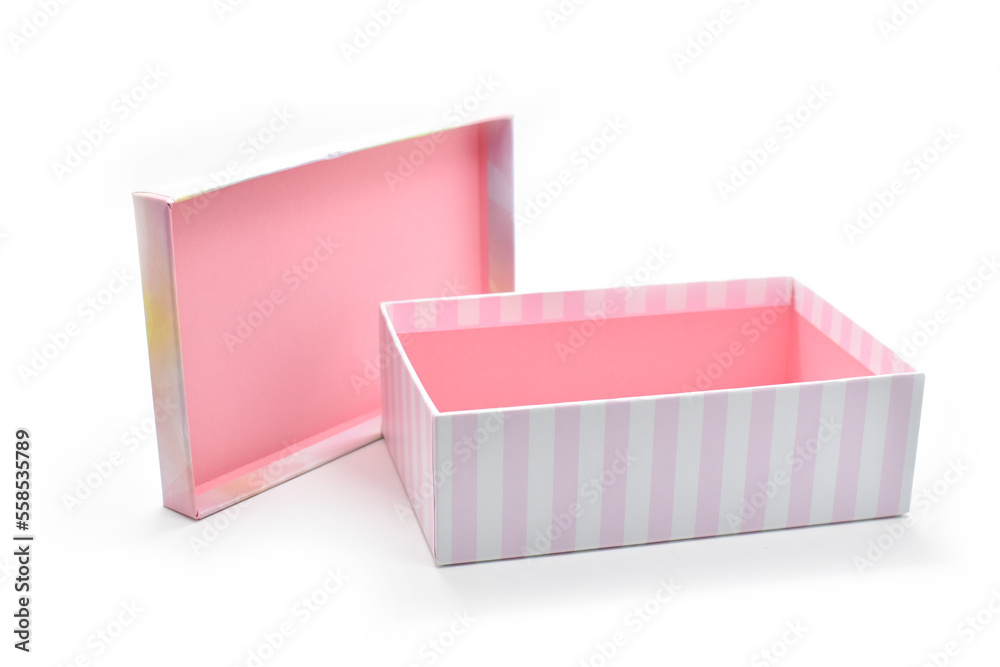 open beautiful pink box on white background, package for design
