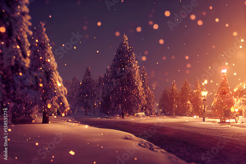 christmas landscape illustration, beautiful winter scenery with christmas trees and snow © Fernando