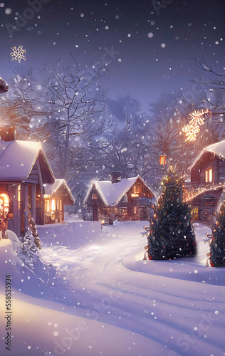 A beautiful Christmas village in the mountains. Winter landscape. houses with christmas decorations