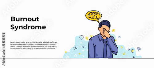 Burnout Syndrome web banner. Vector illustration of a man who is sad and suffering from depression. Modern flat in continuous line style.