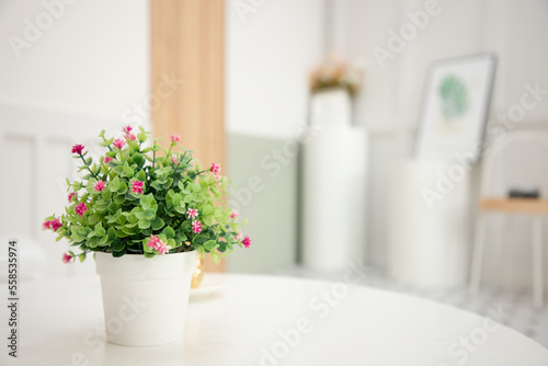 Vase of flowers and pink cheese pollen sits on the reception table in the living room. Living room and interiors for background and texture.