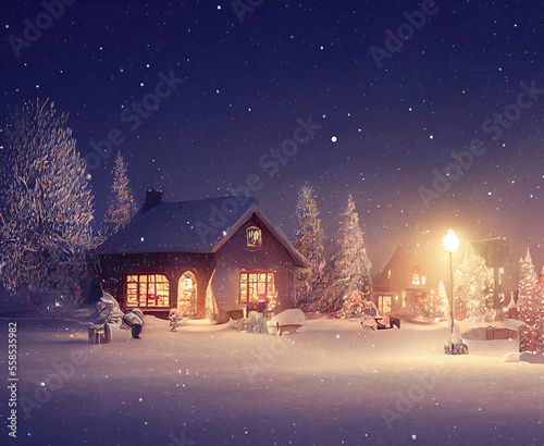 A beautiful outdoor Christmas scene. illustration of a Christmas house with snow, winter landscape in a village.
