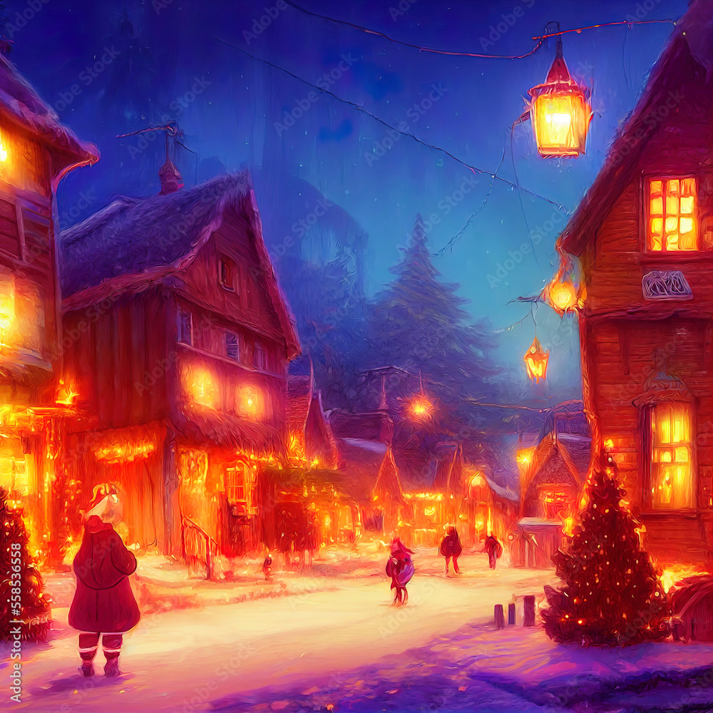 A beautiful Christmas village in the mountains. Winter landscape. houses with christmas decorations A beautiful Christmas village in the mountains. Winter landscape. houses with christmas decorations