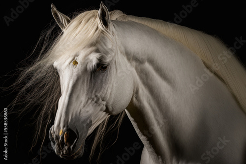 Portrait of a white andalusian horse moving over a black backdrop. Generative AI