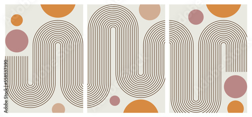 Abstract art background, Arches abstract posters. Arc print set in minimalistic style. Boho home decor of circles and lines in pastel colors. Rainbow wall art illustrations.