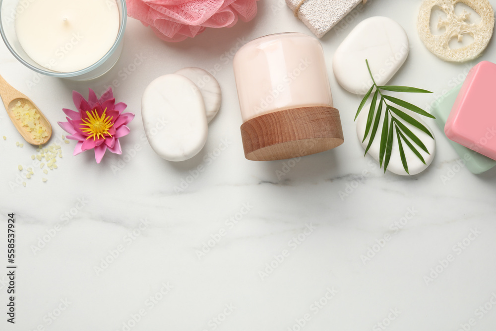 Flat lay composition with different spa products on white marble table. Space for text Flat lay composition with different spa products on white marble table. Space for text