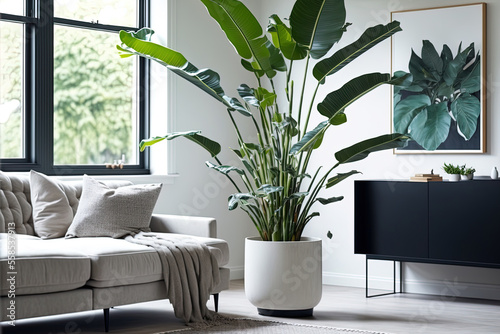 Picture of a bright living room with a giant white bird of paradise plant (strelitzia nicolai) on the floor. Generative AI photo