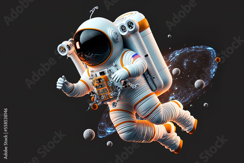 3d render spaceman astronaut flying with rocket 3d illustration design. Generative AI