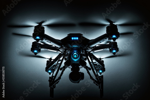 spy drones. Drone Flying in pitch black darkness. dark close up small drones, View from the camera and gimbal of the drone. Generative AI