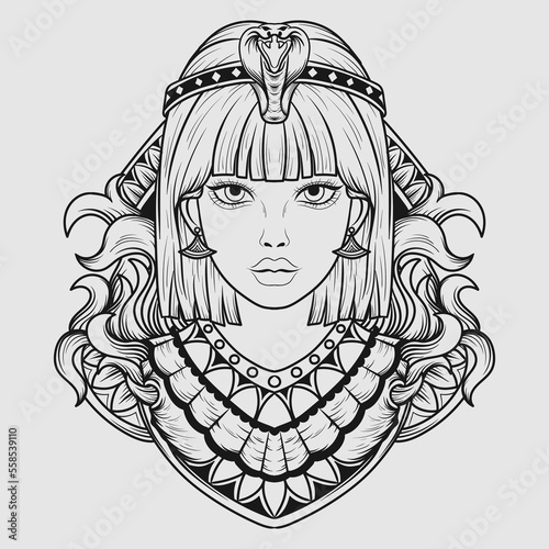 tattoo and t shirt design black and white hand drawn cleopatra