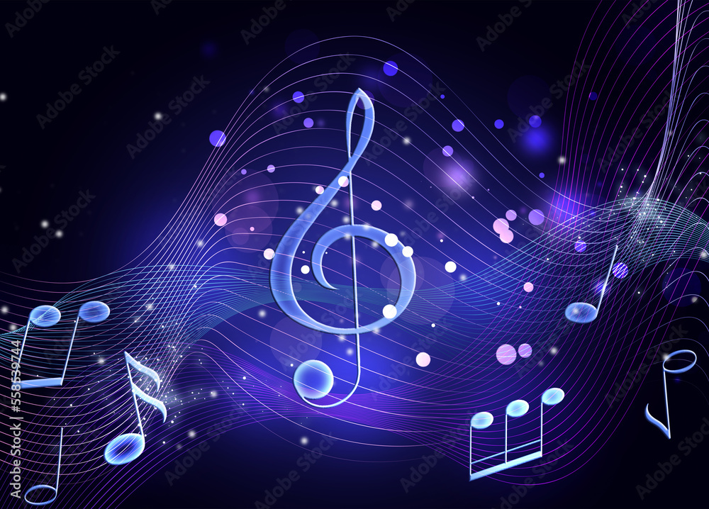 Music notes and treble clef on dark background Music notes and treble clef on dark background